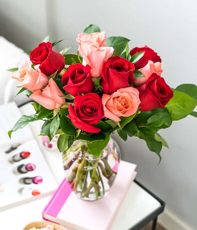 One Dozen Red & Pink Long Stem Roses with a Clear Glass Vase