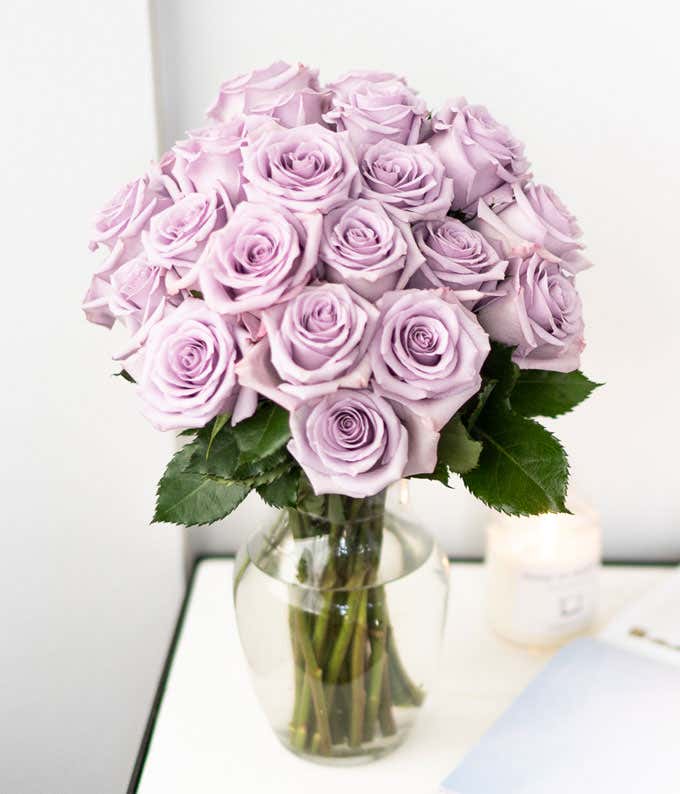 Two Dozen Long Stem Purple Roses in a Clear Glass Vase