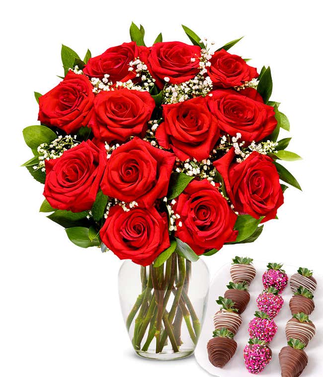 One dozen red roses with one dozen chocolate covered strawberries decorated with pink sprinkles