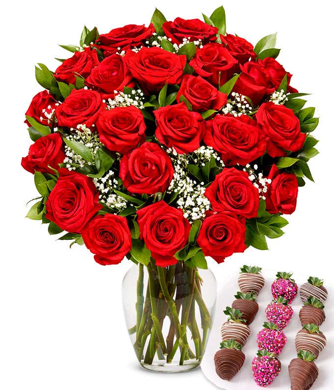 Two dozen red roses with one dozen chocolate covered strawberries decorated with pink sprinkles.