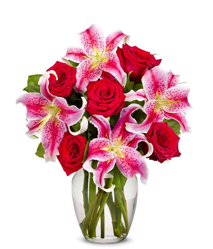 Red rose and pink stargazer lily bouquet