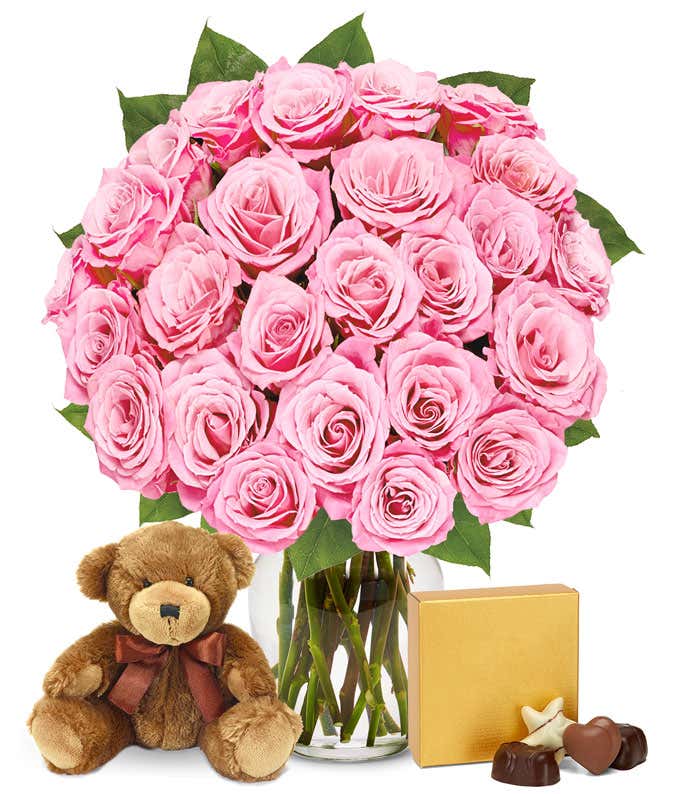 Two dozen pink roses delivered for Valentine with bear and chocolates