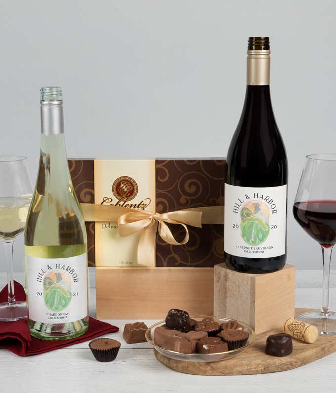 Red Wine, White Wine & Gourmet Chocolates Gift Box