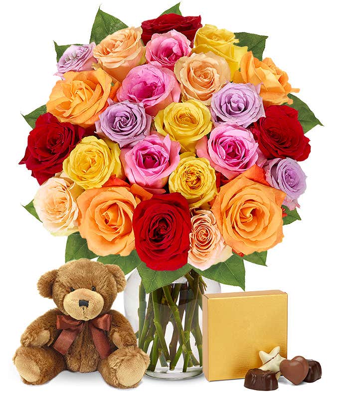 Two Dozen Rainbow Roses with Chocolates & Bear