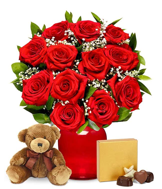 One Dozen Long Stemmed Red Roses + Godiva + Bear