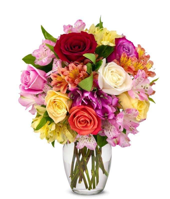 Mixed roses are delivered with Alstroemerias