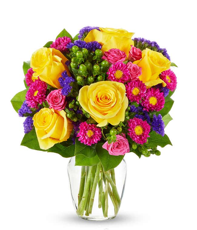 Yellow roses, hot pink roses and asters for delivery