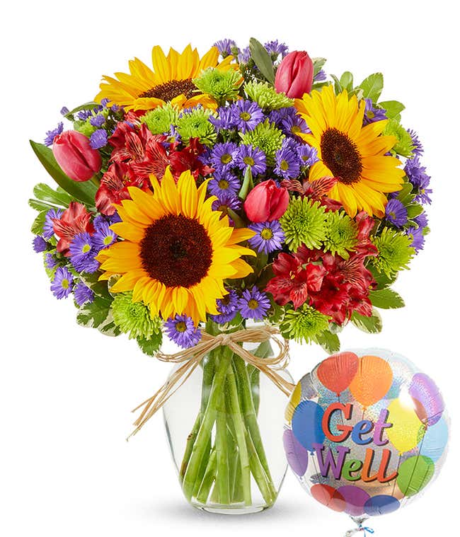 Get well soon flower arrangement with sunflowers, tulips and get well balloon