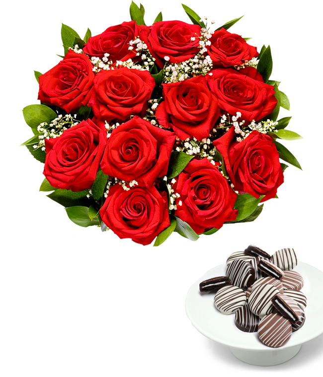 Partial image of One Dozen Roses with Chocolate Drizzled Oreos without vase