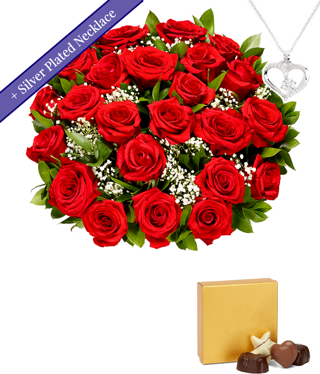 Partial image of Two dozen red roses with a silver heart necklace on a chain and a small box of assorted chocolates without vase