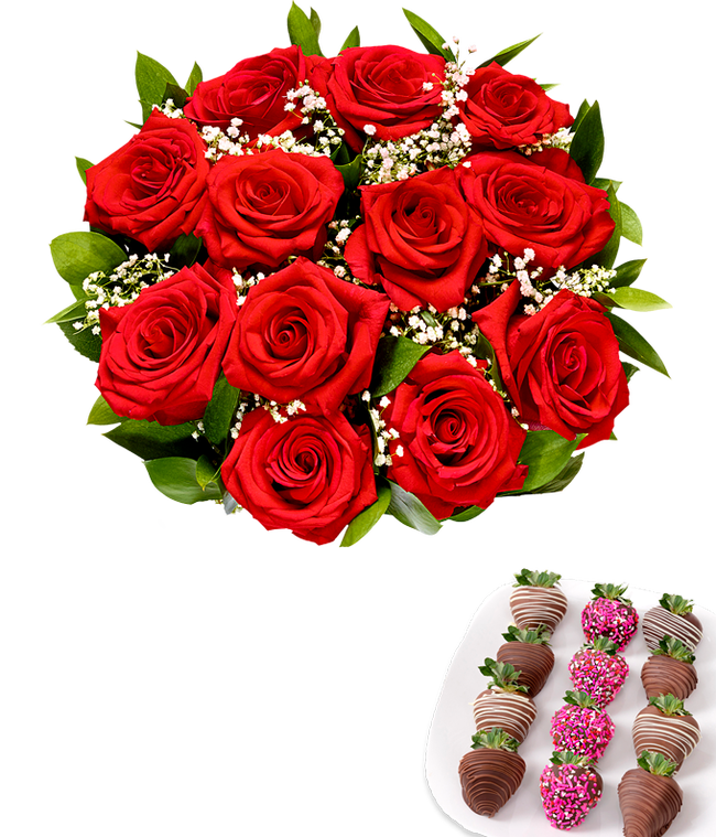Partial image of One dozen red roses with one dozen chocolate covered strawberries decorated with pink sprinkles without vase
